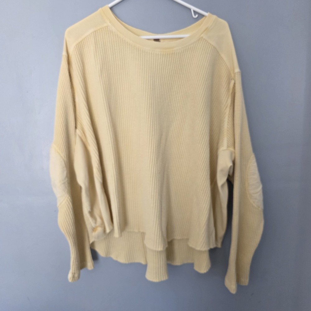 FP One Free People Waffle Knit Thermal Oversized Elbow Patch Top Size M Yellow